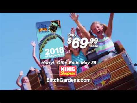  King Soopers. May 10, 2011 ·. Fun in the Sun! Buy your Elitch Garden season pass today at any King Soopers store for only $69.99! (Daily tickets are $37.99, so this is a GREAT DEAL!) Buy 4 season passes before May 31st and we will throw in FREE season parking! elitchgardens.com. 