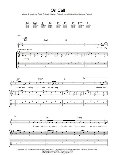 Kings Of Leon "On Call" Sheet Music Download PDF Score 84071