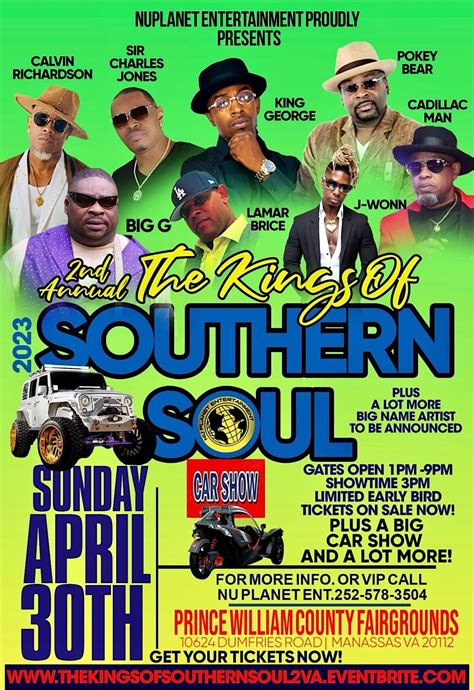Kings of southern soul concert 2023. 6:00 PM. Southern Soul Fest starring King George & Friends. House of Blues Myrtle Beach. North Myrtle Beach, SC, USA. Venue capacity: 2,880. Favorite. See Tickets. Rescheduled from May 19 2099. Southern Soul Extravaganza. 