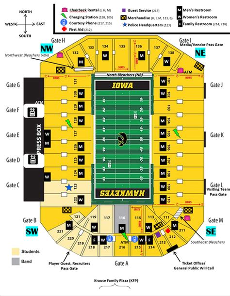  Seats in the North and South endzones will have a very good head-on view of a videoboard. There are two videoboards (one in each corner) above the North stands and a large videoboard above the South stands. Sections 111-121 feature up to 31 rows of seating, with the Iowa band seated in Section 116 and Iowa students in 117-121. . 