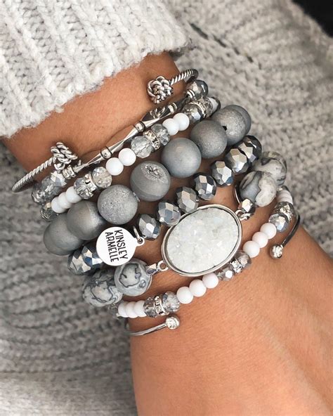 Kinsley armelle. Silver And White Chip Chunky Clustered Marble Multistrand Stackable Hypoallergenic Nickel Free Bracelet Stack Set. Custom Decorative Accent Beads Accents And Designed With Love In Texas. Size Small, Medium, Large, and Extra Large Ranging From 6.25 - 7.25 Inch Circumference With Custom Sizing Available On Select Pieces. 