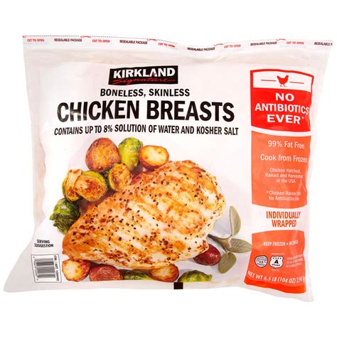 Kirkland chicken breast. 1g. Carbs. 0g. Protein. 24g. There are 110 calories in 4 oz (112 g) of Kirkland Signature Fresh Boneless & Skinless Chicken Breasts. Calorie breakdown: 9% fat, 0% carbs, 91% protein. 