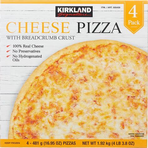 Kirkland frozen pizza. Preheat oven to 425F (220C). Remove the Costco pizza from all packaging. Place the pizza on the center rack in your oven. Bake for 12 to 15 minutes (10 to 12 minutes in a convection oven), or until cheese is melted and edges are a golden brown color. Remove the pizza from the oven and let it rest for 5 minutes. 