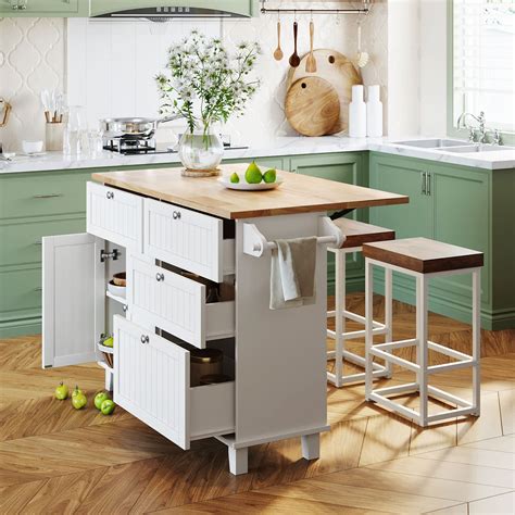 Kitchen Island with Storage Drawers with Wooden Countertop