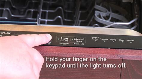 kitchenaid dishwasher needs code reset. disconnecting didnt work, pressing "touch, normal, light" brings all lights on and read-out of a lock logo with drying in red "washing, rinsing" in blue and "cl … read more. 