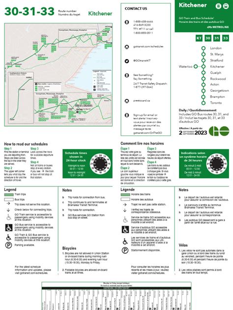 Kitchener go train schedule pdf.  It lists the route numbers, contact information fo...