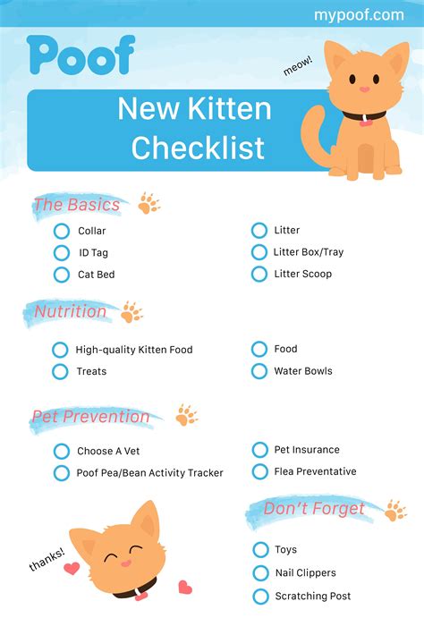 Kitten checklist. To help, we put together a new kitten checklist of some essentials you’ll need, from food, healthcare, toys and treats to safety tips. Please note that this list is not exhaustive, especially if you’re caring for an unweaned kitten or a kitten with special needs. But it’s an excellent resource to help your fur baby start off on the right paw. 