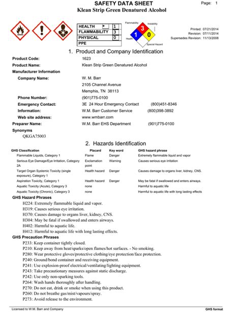 Klean strip denatured alcohol sds. Product Name: Klean Strip Green Denatured Alcohol Manufacturer Information Company Name: W. M. Barr 2105 Channel Avenue Memphis, TN 38113 Phone Number: (901)775-0100 ... Klean Strip Green Denatured Alcohol SAFETY DATA SHEET Supersedes Revision: 11/13/2008 Page: GHS Response Phrases 