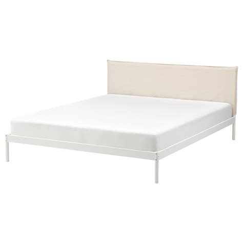 Weight Gross: 40 lb 2 oz. Weight Net: 37 lb 13 oz. Volume per package: 1.46 cu.ft. White powder-coated metal and visible screws add a modern look to the bed frame. The headboard's cover can be removed and machine washed - and is easy to put back on again. The powder-coated metal makes the bed frame easy to clean and maintain.