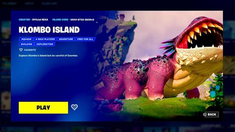 Klombo island code. Jan 27, 2022 · Fortnite’s 19.10 patch adds a huge dinosaur called a Klombo — or “Colombo” as autocorrect likes to type — to the island, along with the return of Tilted Towers. These gentle giants won ... 