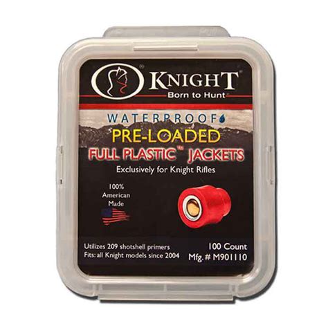 Knight 209 primer jackets. This Knight 209 Primer Ignition 50 Cal Muzzleloader Conversion Kit converts black powder guns shooting No. 11 or musket caps to shoot 209 primers. This Kit Fits: .50 cal LK, USAK, BH, TK2000, BK, MK85 (or pre-1995 .54 cal models). Also it includes : Knight Breech Plug, Combo Tool, Hammer Assembly, Full Plastic Jacket Capper/Decapper, 20 Full ... 