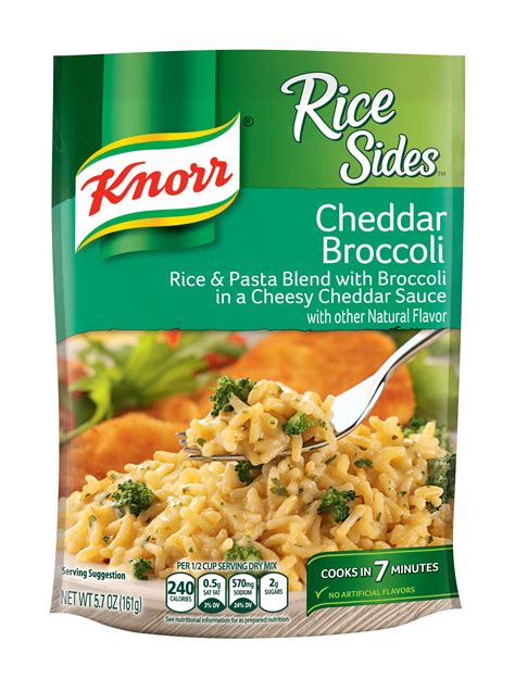 Knorr cheddar broccoli rice. Long grain rice with broccoli in a cheesy sauce with other natural flavors. No artificial flavors. Per 1 Container: 480 calories; 6 g sat fat (30% DV); 880 ... 