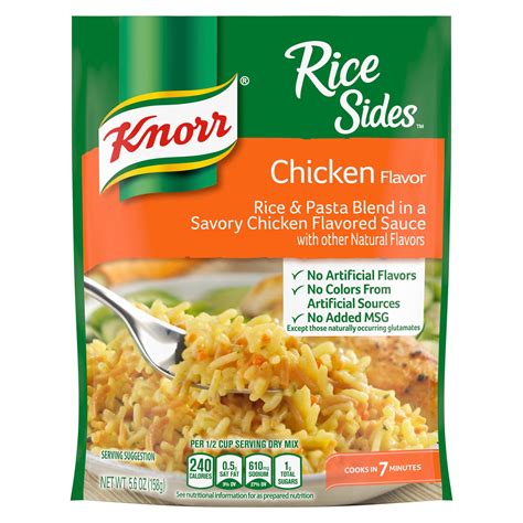 Knorr rice sides. There are 270 calories in 1/2 cup prepared (65 g) of Knorr Rice Sides - Chicken. Calorie breakdown: 9% fat, 81% carbs, 10% protein. Related Rice from Knorr: Chicken Flavor Rice & Pasta Blend: Rice Sides - Asian BBQ: Rice Sides Mushroom Flavor: White Cheddar Broccoli Rice: Roasted Garlic Alfredo Rice: 