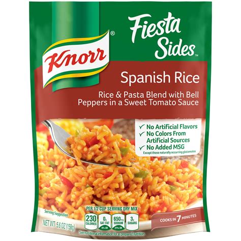 Knorr spanish rice. 5.6 oz bag Knorr Spanish rice. 2 cups water. 15 oz can pinto beans, drained and rinsed. 1 3/4 cup Mexican style cheese, divided . 7-9 medium sized flour tortillas. ... Add in the taco seasoning, bag of Spanish rice, and water stir well and bring mixture up to a simmer turn heat to low and cover with lid let simmer for 7 minutes. Remove lid and ... 