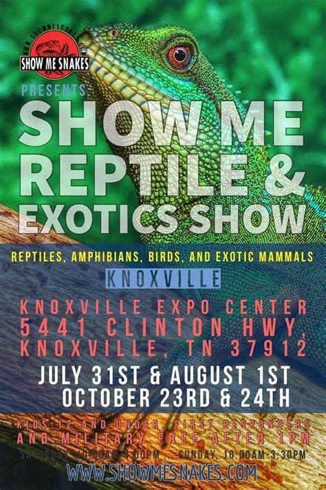 Knoxville reptile expo. Nashville, TN Super Tickets May 11 & 12, 2024. The Fairgrounds Nashville 625 Smith Avenue, Nashville, TN, United States. Online Tickets: Good for all day both show days. Saturday hours: 9am-4pm, Sunday hours: 10am-4pm $15 (Adult), $6 (Ages 5-12), ages 4 and under free. Get Tickets $6.00 – $15.00. 