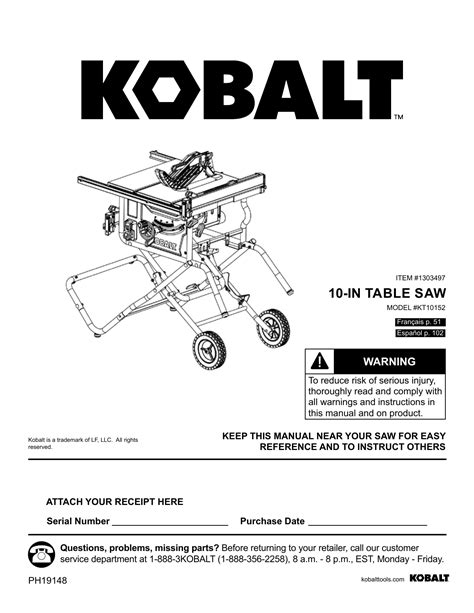 Overview of the Kobalt kt1015. The Kobalt kt1015 is a robust table saw with a 10-inch Carbide tipped blade. It has a 15 Amp motor that produces 5,000 rotations per minute. That makes it easy to complete tasks. The carbide-tipped blade lasts longer regardless of the type of material. It is a lightweight machine that comes with a rolling …. 