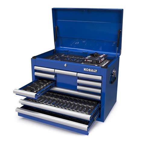 Kobalt tool box with tools. Kobalt Tool Cabinet Review Features. This cabinet is the 3000 series and is built as a heavy duty workbench. The cabinet provides 28,000 Cu inches of storage and a 2,000 lb load capacity. The walls are double thick for durability. The measurements are 61″ wide by 20″ deep and 41″ high. The top is a solid oak surface. 