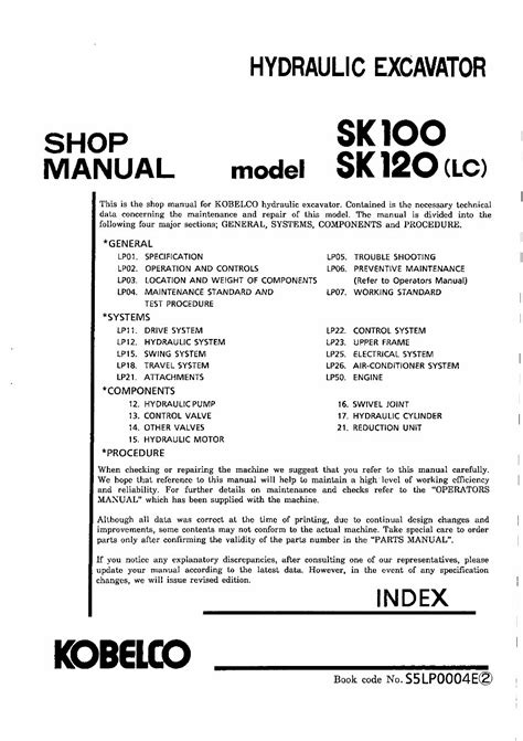 Kobelco sk100 sk120 sk120lc crawler excavator service repair manual download yw 03371 lp 06191 yp 01601. - Kawasaki 185 klf 185 a3 manual.