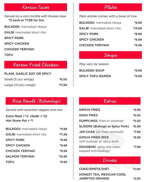 Kogii kogii express menu. Specialties: We specialize in fresh, healthy Korean quick eats. Our concept is simple and focuses on traditional grilled Korean meats: Bulkogii - marinated ribeye, and Dwejibulkogii - Spicy Pork. You can have the meats on top of your bibimbap bowl. Choose your own bibimbap rice bowl where you pick your toppings. We also offer Korean Fried Chicken Wings either plain, Soy Garlic, or Seoul Sassy ... 