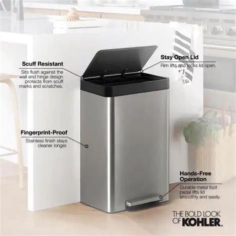 Kohler 47l step trash bin.  This sleek rectangular trash can features hands-free operatio...