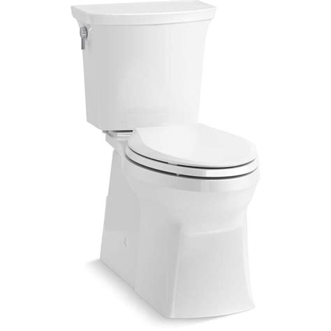 Kohler highline white elongated chair height 2 piece watersense toilet. The 16.5" bowl height of the Highline Comfort Height toilet bowl is the same height as a standard chair to provide maximum comfort. This model features the Class Five flushing system with an elongated toilet bowl design. 29-1/2" L x 19-5/8" W x 30-3/8" H. Comfort Height. 