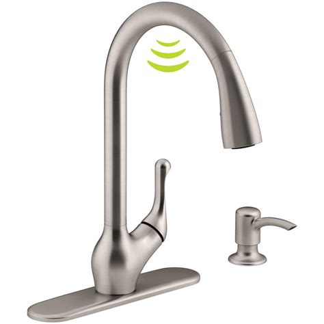 Kohler touchless pull-down kitchen faucet. Two-function pull-down sprayhead with touch-control allows you to switch from stream to Sweep® spray. Sweep® spray features specially angled nozzles that form a wide, powerful blade of water to sweep your dishes and sink clean. MasterClean® sprayface features and easy-to-clean surface that withstands mineral buildup. 