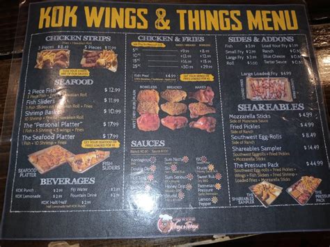 Kok wings and things menu. 6 days ago · Strawberry Soda $0.53. Grape Soda $0.53. Sprite Zero $0.53. Coke $0.53. Dr. Pepper $0.53. Diet Dr. Pepper $0.53. Sprite $0.53. Restaurant menu, map for Wings and Things located in 73099, Yukon OK, 608 West Vandament Avenue. 