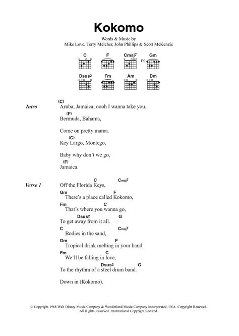Kokomo lyrics. Perfect for summer :D "Kokomo" is a song written by John Phillips, Scott McKenzie, Mike Love and Terry Melcher and recorded by The Beach Boys in spring 1988. Its lyrics … 
