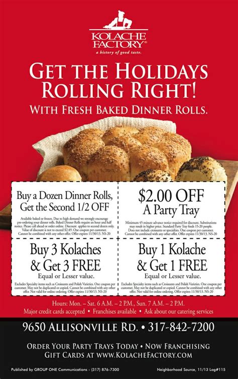 Kolache factory coupon code. Specialties: Whether on-the-go or on-the-slow, the handmade kolaches at Kolache Factory satisfy breakfast, lunch, and snack attack cravings. A modern take on a European classic, our sweet or savory pastries filled with cheese, fruit, or sausage pay homage to time- honored kolache-making traditions. Each day, our master bakers make our dough using the finest, freshest ingredients and also ... 