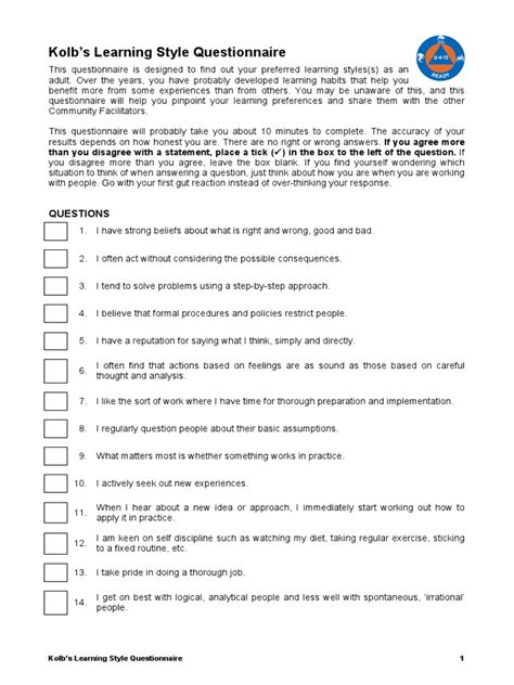 Kolb Questionnaire Learning Styles Metaphysics