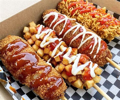 Korean hot dog. Feb 8, 2022 ... Potato or ramen topping · After dipping the hot dog in batter, roll it through cubed potatoes or crushed noodles. · Roll through breadcrumbs, ... 