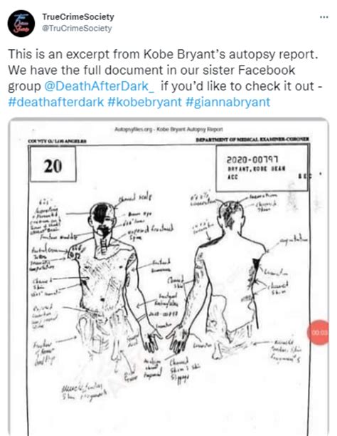 Kove bryant autopsy report. American comedian, actor and writer Ari Shaffir caused outrage with his video response on Twitter to Bryant's death. In it, Shaffir celebrated Bryant's death and claimed that Bryant was a rapist. In the video, Shaffir said "Kobe Bryant died 23 years too late today, he got away with rape because all the Hollywood liberals who attack comedy enjoy ... 
