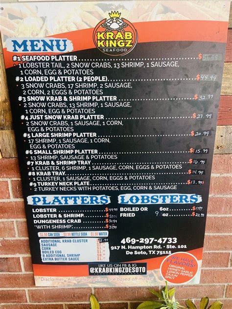 View the Krab Kingz Desoto menu prices list below for the most accurate and up-to-date menu prices. We aggregate data from one or more Krab Kingz Desoto locations in our database to create the most accurate list of Krab Kingz Desoto prices. Don't rely on outdated price data. . 