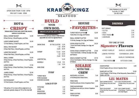 View the menu for Krab Kingz Seafood and restaurants in Prattville, AL. See restaurant menus, reviews, ratings, phone number, address, hours, photos and maps.. 