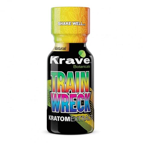 Krave Botanicals Trainwreck Kratom Extract Shot Product Features: Available in a 10ml Shot Or 12ct Case Each Shot Contains Three 3.3ml Servings Triple Extract Blend Of Red, White, And Green Veins Full-Spectrum Experience + Wide Range Of Effects Fast Absorption Natural Flavors + Preservatives GMP Certified + Third Part. 