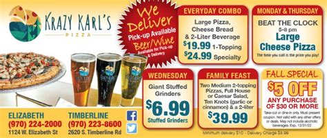 Krazy karls coupons. (970) 223-8600. 2620 S. Timberline Rd. Fort Collins, CO 80525. Hours of Operation: Everyday: 10:30am - Midnight. ORDER ONLINE 
