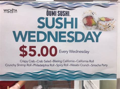 Kroger dollar5 sushi wednesday. Hissho Sushi Chef Special #3 (Crab/Shrimp/Raw Salmon & Capelin) 7 oz pkg . Hissho Sushi Crispy Crab (Avail. 11am - 7pm) 7 oz pkg . Hissho Sushi Living Color Roll (Avail. 11am - 7pm) 7 oz pkg . Hissho Sushi Wasabi Crunch (Avail. 11am - 7pm) 9 oz pkg . Hissho Sushi Tempura Shrimp Roll (Avail. 11am - 7pm) 7 oz pkg . Hissho Sushi Bagel Roll (Avail ... 