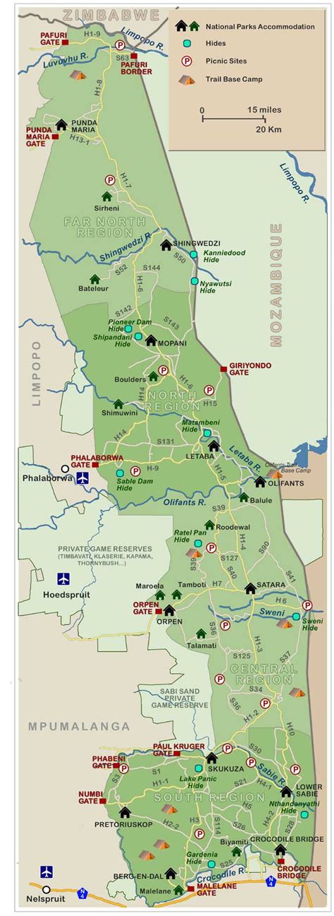 A full, highly detailed map of the Kruger National park. The map includes , camps , gates, rivers , roads (including the new gravel roads) , historical .... 