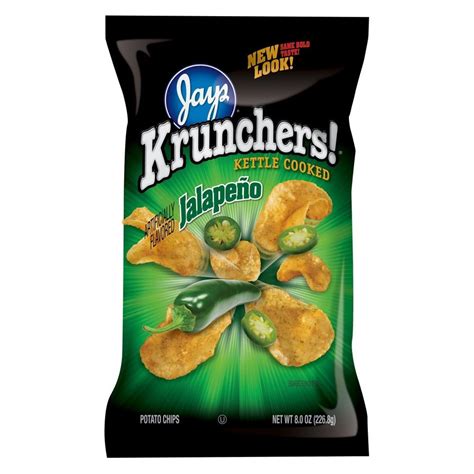 Original Krunchers! chips perfectly salted; Bold crunch of kettle cooked potato chips; Large bag of chips perfect for sharing at parties, cook outs, and picnics; Krunchers! kettle cooked chips made by the makers of Jays potato chips; Share this 8.5 ounce chips bag with friends and family. 