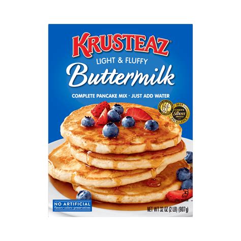 Krusteaz buttermilk pancake mix. Heat pancake griddle to 375°F (medium heat). Lightly grease griddle. STEP 2. In large bowl, blend together Krusteaz Buttermilk Pancake Mix, non-dairy creamer and water with a whisk. Batter will be slightly lumpy. Pour slightly less than 1/4 cup batter per pancake onto lightly greased griddle. STEP 3. Cook pancakes 1 - 1 1/2 minutes per side ... 