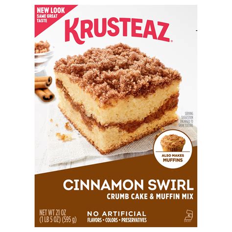 Krusteaz cinnamon swirl. Preheat oven to 350F. Lightly grease an 8x8 baking pan with non-stick cooking spray. In a large bowl, stir together Krusteaz Gluten Free Cinnamon Crumb Cake and Muffin Mix, water, oil, eggs, pumpkin, and pumpkin pie spice. Spoon half of batter into the pan and spread evenly. 