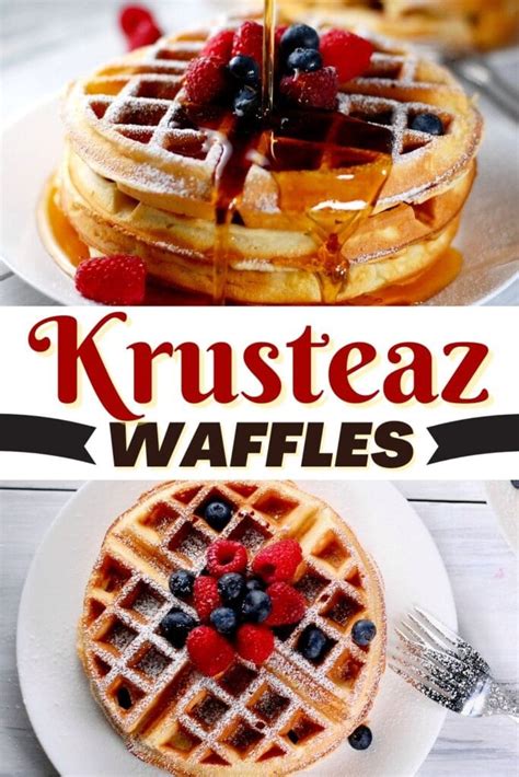 Krusteaz waffle recipe. Gather the ingredients. The Spruce Eats / Diana Chistruga. Preheat the waffle griddle. If you plan to hold batches and serve all at once, preheat an oven to 200 F. In a large mixing bowl, combine the flour, sugar, baking powder, and salt. Whisk to blend the dry ingredients thoroughly. The Spruce Eats / Diana Chistruga. 