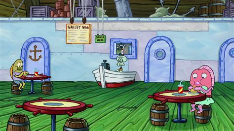 Krusty krab inside. The Krusty Krab is a restaurant in the city of Bikini Bottom in the animated television comedy SpongeBob SquarePants. It is owned by Eugene H. Krabs. The restaurant's name is a parody of the restaurant called the Krusty Burger (owned by Krusty the Clown) from the 1989 TV Series The Simpsons. The Krusty Krab usually has two employees: … 