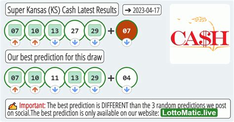 Ks cash previous numbers. Previous Numbers ; Vending Machine Locations ; Jackpot/Draw Games. Powerball; Mega Millions; Lotto America; ... 50X CASH BLITZ - Game# 376. Win up to $50,000! Let's PlayOn® - 2nd Chance Drawing (see link below) ... The Kansas Lottery makes no express or implied warranties or representations of any kind as to the content, accuracy, completeness ... 