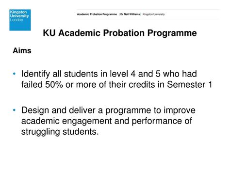Ku academic probation. Dismissal. Students will be dismissed at the end of any semester on probation if they fail to earn a semester grade point average at or above the minimum 2.250 requirement, and have an overall or WSU institutional grade point average also below the minimum 2.250 requirement. Students are not academically dismissed at the end of a semester ... 
