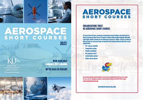 Ku aerospace short courses. All courses are taught online, offering great flexibility. The University of Kansas: KU Aerospace Short Courses. KU offers a wide variety of options for many disciplines within the aerospace profession. Check out the course catalog for the full list of 50+ classes with many options taught several times throughout the year and in multiple locations. 