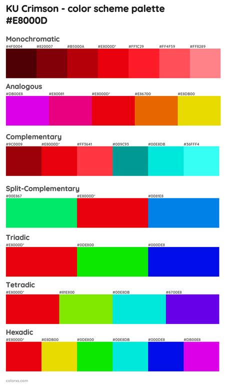 Ku color palette. Color space information Ku Crimson ( similar ) Color | e80114. Similar Pantone Color name Information, Color Schemes, Light / Darkshades, Tones, Similar Colors , Preview the color and download Photoshop swatch and solid color background image 