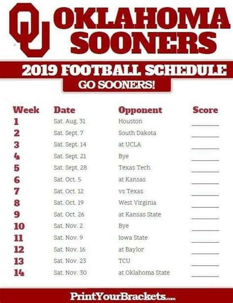 ESPN has the full 2023 Oklahoma Sooners Regular Season NCAAF schedule. Includes game times, TV listings and ticket information for all Sooners games. ... @ Kansas. 12:00 PM: FOX. Tickets as low as .... 