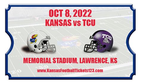 Get Kansas Jayhawks vs TCU Horned Frogs football tickets now. The Jayhawks will play on 10/08/22 at Memorial Stadium, Lawrence, KS. Home (current) Tickets Football Tickets. vs ... KU vs TCU Get great tickets now to see the …. 