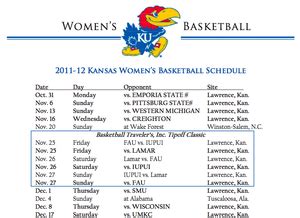 Sep 6, 2023 · 0:45. LAWRENCE — Kansas women’s basketball’s non-conference schedule for the 2023-24 season is out, with a challenging slate awaiting head coach Brandon Schneider and his team. Out of the 11 ... 